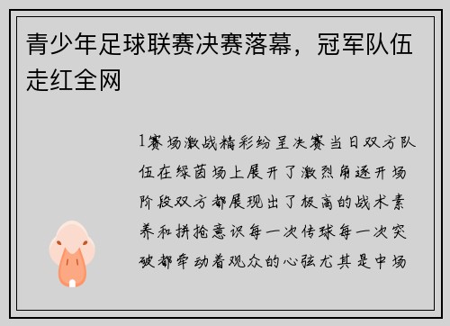 青少年足球联赛决赛落幕，冠军队伍走红全网
