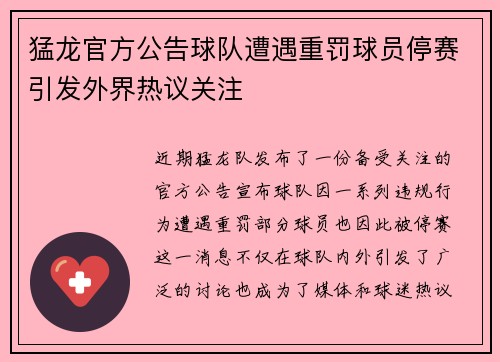 猛龙官方公告球队遭遇重罚球员停赛引发外界热议关注